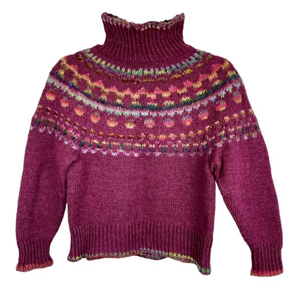 Hand Knit Wool Fair Isle Turtleneck Sweater Women’s XS | Raspberry Nordic Ski - Picture 4 of 13